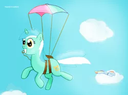 Size: 1037x771 | Tagged: artist:harddriver04, derpibooru import, lyra heartstrings, parachute, rainbow dash, safe