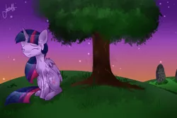 Size: 3000x2000 | Tagged: safe, artist:pastelflakes, derpibooru import, rarity, twilight sparkle, twilight sparkle (alicorn), alicorn, pony, female, gravestone, immortality blues, implied death, mare, sad, solo, twilight (astronomy), twilight will outlive her friends