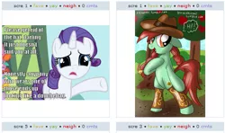 Size: 525x311 | Tagged: candy apples, derpibooru import, exploitable meme, hat, juxtaposition, juxtaposition win, meta, oc, rarity, safe