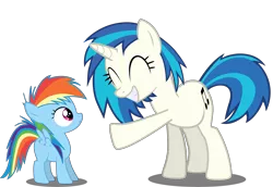 Size: 8000x5515 | Tagged: safe, artist:deratrox, derpibooru import, rainbow dash, vinyl scratch, pegasus, pony, unicorn, absurd resolution, age regression, blank flank, cutie mark, eyes closed, female, filly, foal, hooves, horn, mare, simple background, smiling, spread wings, teeth, transparent background, vector, wings, younger