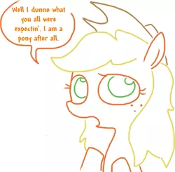 Size: 553x542 | Tagged: safe, artist:the weaver, derpibooru import, applejack, bust, dialogue, looking at you, loose hair, open mouth, simple background, solo, white background