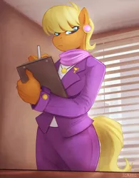 Size: 921x1183 | Tagged: safe, artist:scappo, derpibooru import, ms. harshwhinny, anthro, earth pony, clipboard, clothes, cougar, ear piercing, female, looking at you, piercing, solo