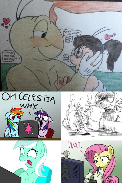 Size: 960x1440 | Tagged: questionable, derpibooru import, big macintosh, fluttershy, lyra heartstrings, rainbow dash, twilight sparkle, earth pony, human, pony, computer, disney, jiminy cricket, male, nightmare fuel, shipping, stallion, wat, why