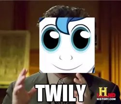 Size: 547x469 | Tagged: ancient aliens, derpibooru import, giorgio a. tsoukalos, meme, safe, shining armor, twily, twily face