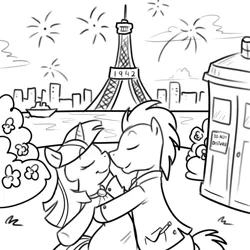 Size: 1000x1000 | Tagged: artist:madmax, derpibooru import, doctor whooves, doctwi, eiffel tower, paris, safe, shipping, time turner, twilight sparkle