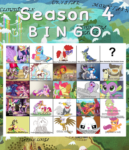 Size: 1566x1814 | Tagged: safe, derpibooru import, angel bunny, babs seed, discord, fluttershy, gustave le grande, princess cadance, princess celestia, rarity, scootaloo, spike, star swirl the bearded, sweetie belle, twilight sparkle, twilight sparkle (alicorn), twist, oc, oc:jade, alicorn, gryphon, season 4, bingo, corey powell, text