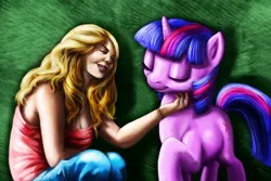 Size: 3189x2136 | Tagged: artist:doublewbrothers, breasts, cleavage, derpibooru import, grin, petting, safe, scratching, smiling, tara strong, twilight sparkle