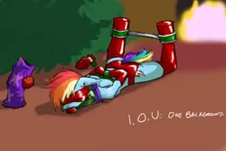 Size: 1200x800 | Tagged: suggestive, artist:krd, derpibooru import, rainbow dash, anthro, unguligrade anthro, anatomically incorrect, ballgag, blindfold, bondage, bound wings, breasts, christmas, christmas tree, clothes, female, fireplace, gag, incorrect leg anatomy, latex, living object, panties, present, solo, solo female, spreader bar, tree, tumblr, underwear