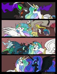 Size: 2684x3486 | Tagged: antagonist, artist:redapropos, comic, dark magic, derpibooru import, discord, fall of the crystal empire, king sombra, nightmare moon, princess celestia, queen chrysalis, safe, sombra eyes, umbrum