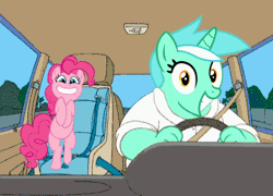Size: 400x288 | Tagged: safe, derpibooru import, lyra heartstrings, pinkie pie, animated, car, chubby, disney world, disneyland, driving, family guy, ford ltd country squire, get down, gif, image, station wagon, wat