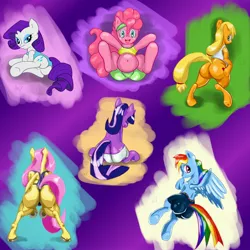 Size: 3000x3000 | Tagged: safe, artist:mr.v, derpibooru import, applejack, fluttershy, pinkie pie, rainbow dash, rarity, twilight sparkle, pony, unicorn, belly, belly button, bottomless, buttcrack, clothes, fat, hooves, mane six, mane six plots, muscles, muscleshy, plot, shorts, tanktop, workout outfit