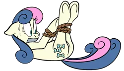 Size: 1792x1024 | Tagged: safe, artist:colossalstinker, derpibooru import, bon bon, sweetie drops, earth pony, pony, bon bon is not amused, bondage, cutie mark, female, floppy ears, gag, hogtied, hooves, lying down, mare, plot, rope, simple background, solo, sweat, tape, tape gag, tied up, transparent background, underhoof