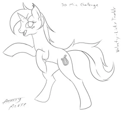 Size: 1280x1198 | Tagged: safe, artist:annonymouse, derpibooru import, lyra heartstrings, pony, unicorn, 30 minute art challenge, black and white, grayscale, monochrome, rearing, simple background, smiling, solo, white background