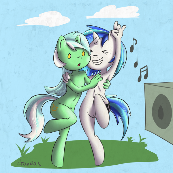 Size: 1000x1000 | Tagged: anthro, armpits, artist:draneas, dancing, derpibooru import, lyra heartstrings, questionable, speakers, vinyl scratch