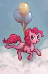 Size: 783x1197 | Tagged: dead source, safe, artist:fjording, derpibooru import, pinkie pie, earth pony, pony, balloon, cloud, female, flying, happy, mare, solo, then watch her balloons lift her up to the sky