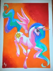 Size: 630x844 | Tagged: safe, artist:angelicaannblack, derpibooru import, princess celestia, smiling, solo, traditional art