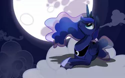 Size: 1440x900 | Tagged: safe, artist:random-gal, derpibooru import, princess luna, alicorn, pony, cloud, cloudy, cutie mark, female, full moon, hooves, horn, jewelry, lying on a cloud, mare, mare in the moon, moon, night, night sky, on a cloud, open mouth, prone, regalia, shadow, sky, solo, spread wings, tiara, vector, wallpaper, wings