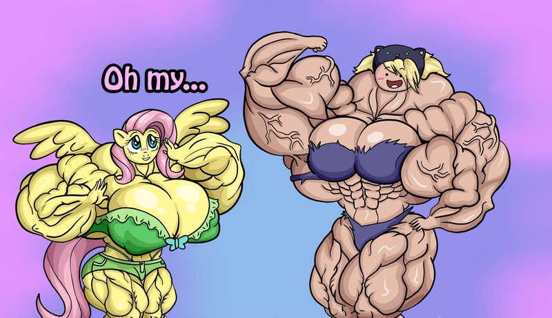 Size: 1900x1096 | Tagged: adventure time, anthro, artist:wobbleblot-alt, breasts, busty fluttershy, crossover, derpibooru import, fetish, fluttershy, muscle fetish, muscles, muscleshy, overdeveloped muscles, suggestive, susan strong