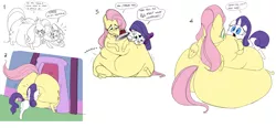 Size: 2213x1028 | Tagged: safe, artist:ross irving, derpibooru import, fluttershy, rarity, blob, blushing, cake, comic, fat, fattershy, flarity, funny, grope, impossibly large butt, jiggle, morbidly obese, obese, shipping, stuck, the ass is monstrously oversized for tight entrance, weight gain