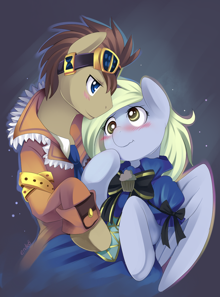 Size: 585x790 | Tagged: safe, artist:ende26, derpibooru import, derpy hooves, doctor whooves, time turner, pegasus, pony, clockwise whooves, blushing, clothes, doctorderpy, female, male, mare, shipping, steampunk, straight, victorian