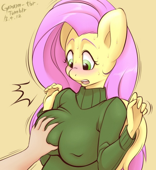 Size: 500x545 | Tagged: anthro, artist:garam, bad touch, big breasts, breast fondling, breast grab, breasts, busty fluttershy, clothes, derpibooru import, female, fluttershy, grope, molestation, questionable, shocked, sweater, sweatershy