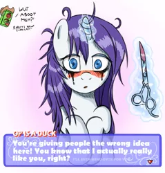 Size: 1100x1150 | Tagged: applejack, artist:junker, blood, blushing, mascara, messy mane, rarity, running makeup, scissors, suggestive, visual novel, yandere, yanderity