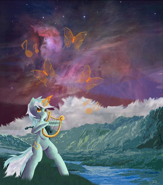 Size: 2932x3328 | Tagged: safe, artist:owlvortex, derpibooru import, lyra heartstrings, pony, unicorn, bipedal, lyre, magic, music, music notes, night, ocean, smiling, solo, wave