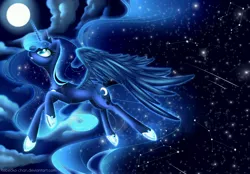 Size: 3756x2612 | Tagged: dead source, safe, artist:rebecka-chan, derpibooru import, princess luna, alicorn, pony, cloud, cloudy, constellation, female, flying, jewelry, looking up, mare, moon, night, regalia, signature, sky, solo