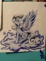 Size: 720x960 | Tagged: safe, artist:square-pup, derpibooru import, oc, oc:snowdrop, unofficial characters only, pegasus, pony, cloud, photo, traditional art