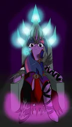 Size: 1095x1920 | Tagged: artist:twotail813, ask dark twilight sparkle, crown, derpibooru import, evil twilight, rcf community, safe, semi-anthro, throne, twilight sparkle, tyrant sparkle