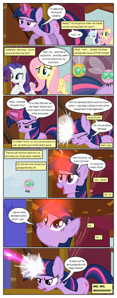 Size: 612x1556 | Tagged: safe, artist:newbiespud, derpibooru import, edit, edited screencap, screencap, fluttershy, rarity, twilight sparkle, parasprite, pegasus, pony, unicorn, comic:friendship is dragons, season 1, swarm of the century, blast, comic, dialogue, dungeons and dragons, eyes closed, female, glowing horn, gritted teeth, hooves, horn, levitation, magic, magic beam, magic blast, magic missile, mare, open mouth, screencap comic, speech bubble, tabletop game, telekinesis, unicorn twilight, webcomic, wings