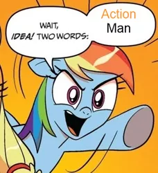 Size: 334x366 | Tagged: safe, derpibooru import, idw, applejack, rainbow dash, action man, comic, exploitable meme, hasbro, meme, two words meme