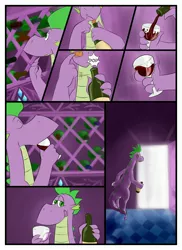 Size: 2400x3300 | Tagged: safe, artist:pia-sama, artist:voodoogecko, derpibooru import, spike, comic, drinking alone except with two, female, male, older, older spike, shipping, sparity, straight, wine
