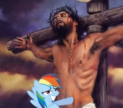 Size: 500x438 | Tagged: blood, crucifixion, dude not funny, edit, execution, grimdark, jesus christ, passion of the christ, photoshop, rainbow dash, religion, we are going to hell