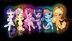 Size: 1920x1080 | Tagged: safe, artist:designjh, derpibooru import, applejack, fluttershy, pinkie pie, rainbow dash, rarity, twilight sparkle, twilight sparkle (alicorn), alicorn, pony, apple, book, female, mane six, mare, wallpaper