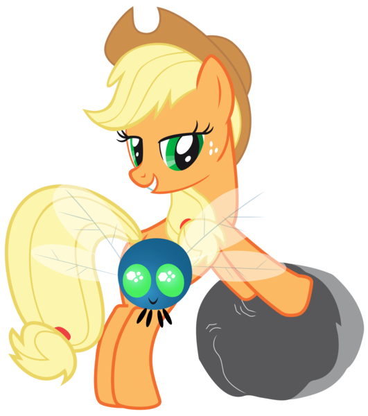 Size: 2300x2600 | Tagged: safe, artist:mihaaaa, derpibooru import, applejack, earth pony, parasprite, pony, artifact, duo, female, mare, rock, simple background, smiling, transparent background, vector