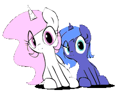 Size: 681x493 | Tagged: dead source, safe, artist:zev, derpibooru import, princess celestia, princess luna, alicorn, pony, animated, cewestia, cute, cutelestia, female, filly, grassland dance, hnnng, looking at you, lunabetes, pink-mane celestia, simple background, sitting, smiling, style emulation, super mario bros., super mario bros. 3, sweet dreams fuel, they're watching you, transparent background, weapons-grade cute, woona