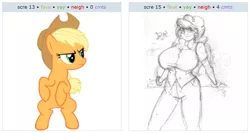 Size: 1056x562 | Tagged: applejack, artist:moronsonofboron, big breasts, breasts, busty twist, derpibooru import, exploitable meme, female, glasses, humanized, juxtaposition, juxtaposition win, safe, simple background, twist, vector, white background