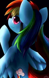 Size: 1250x1960 | Tagged: safe, artist:dshou, derpibooru import, rainbow dash, pegasus, pony, black background, female, looking at you, looking back, looking back at you, mare, simple background, solo, spread wings, wings