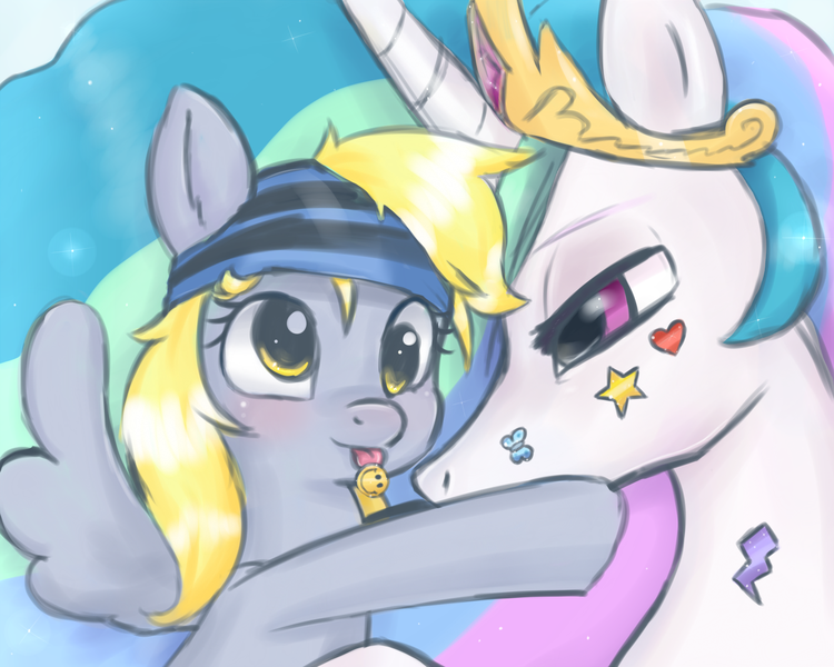 Size: 1350x1080 | Tagged: safe, artist:tanyamya, derpibooru import, derpy hooves, princess celestia, pegasus, pony, female, mare, sticker, tongue out