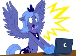 Size: 800x587 | Tagged: dead source, safe, artist:cartoonlion, derpibooru import, princess luna, alicorn, pony, computer, crown, female, horseshoes, internet, jewelry, laptop computer, mare, open mouth, regalia, s1 luna, screaming, shocked, simple background, solo, spread wings, table, white background, wings