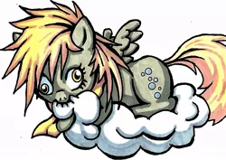 Size: 924x656 | Tagged: artist:ponetron, biting, chibi, clothes, cloud, cute, derpibooru import, derpy hooves, filly, foal, nom, safe, scarf