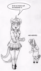 Size: 526x900 | Tagged: anthro, artist:darkonix, bipedal, bon bon, clothes, derpibooru import, lyra heartstrings, monochrome, safe, schoolgirl, sweetie drops