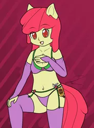 Size: 1000x1362 | Tagged: anthro, apple bloom, artist:anonjg, belly button, bra, breasts, clothes, female, foal, foalcon, human facial structure, panties, pony coloring, purple underwear, ribbon, solo, solo female, stockings, suggestive, teenager, underwear, young