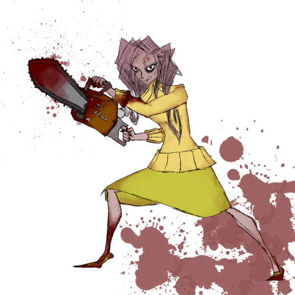 Size: 1000x1000 | Tagged: semi-grimdark, artist:spromultis, derpibooru import, fluttershy, human, .mov, shed.mov, blood, breasts, chainsaw, fluttershed, humanized