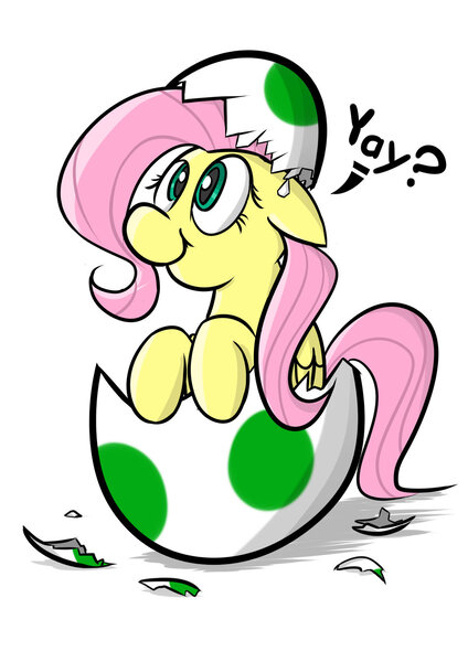 Size: 1024x1448 | Tagged: artist:zero93, crossover, cute, derpibooru import, egg, fluttershy, hatchling, hnnng, nintendo, safe, simple background, solo, super mario bros., yay, yoshi, yoshi egg, yoshi shy