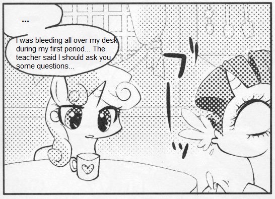 Size: 546x395 | Tagged: questionable, derpibooru import, rarity, sweetie belle, pony, unicorn, ..., comic, double entendre, exploitable meme, female, many many pony, meme, monochrome, mug, spit take