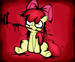 Size: 640x531 | Tagged: semi-grimdark, artist:vendetatj, derpibooru import, apple bloom, earth pony, pony, creepy bloom, female, filly, insanity, paintbrush, snapple bloom, solo