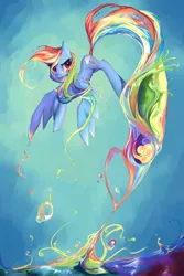 Size: 2160x3240 | Tagged: safe, artist:my-magic-dream, derpibooru import, rainbow dash, pegasus, pony, color, flying, paint, rainbow, solo, splash, spread wings, surreal, tail, water, wings