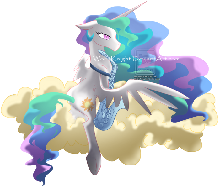 Size: 2648x2265 | Tagged: safe, artist:wolfsknight, derpibooru import, princess celestia, alicorn, pony, cloud, female, floppy ears, mare, musical instrument, saxophone, simple background, solo, transparent background, watermark